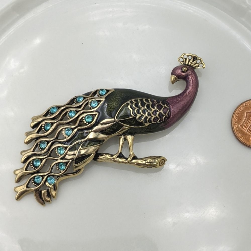 Vintage Peacock Rhinestone Purple Green Brooch